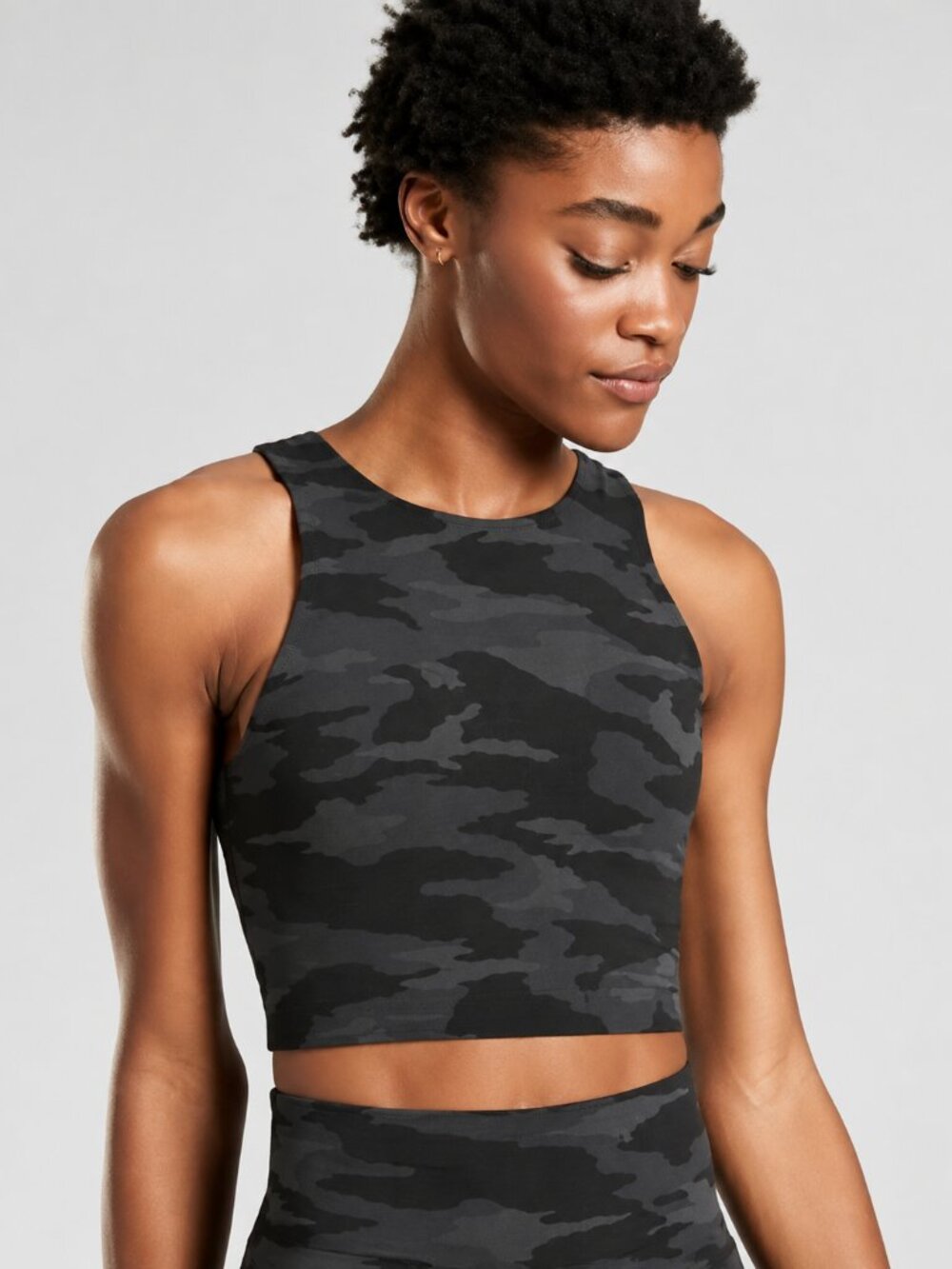 Athleta Conscious Camo Crop Tank Powervita High Neck Racerback Black Gray XL